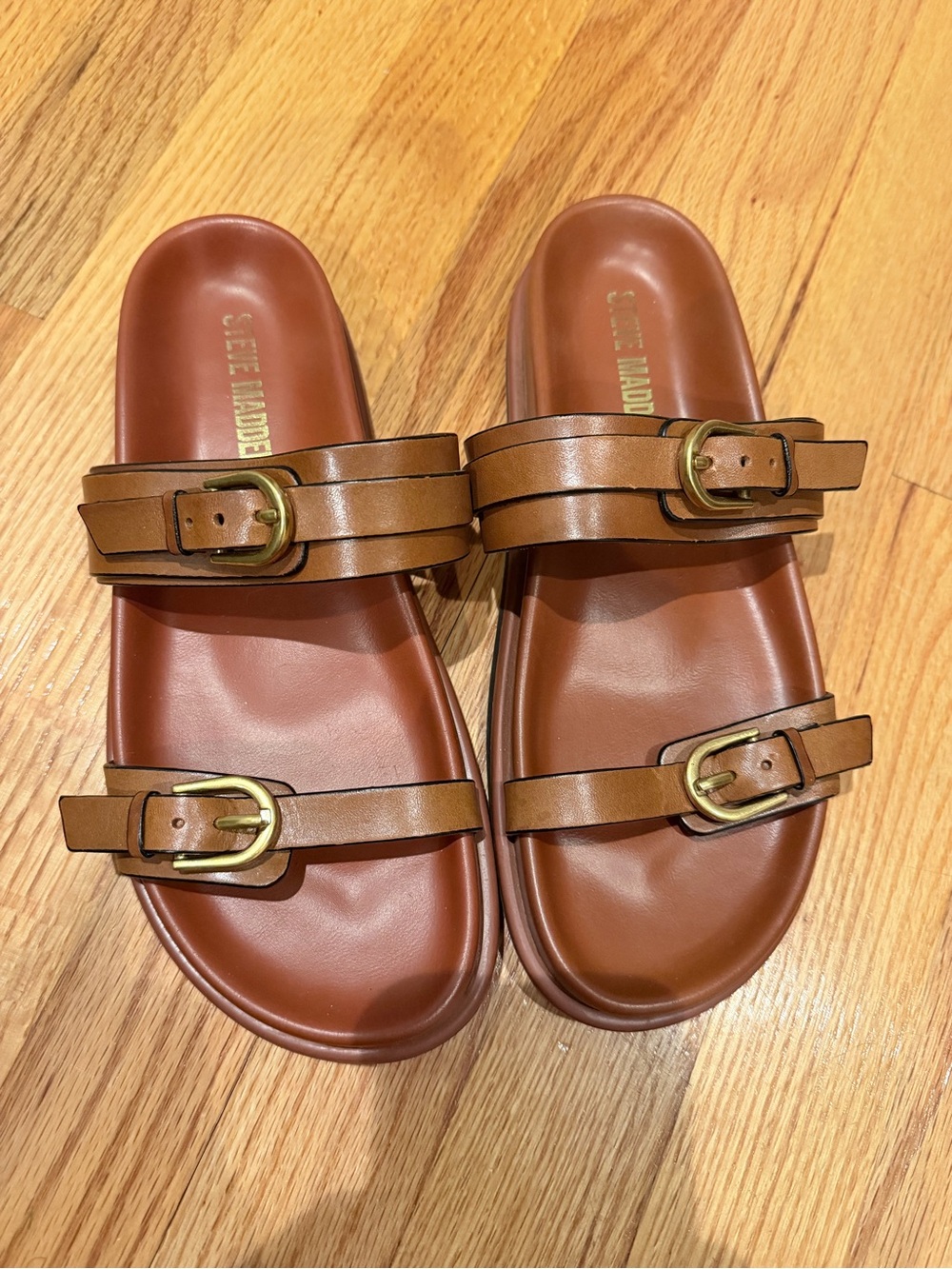 Steve Madden Tan Brown Double Buckle Slide Sandals